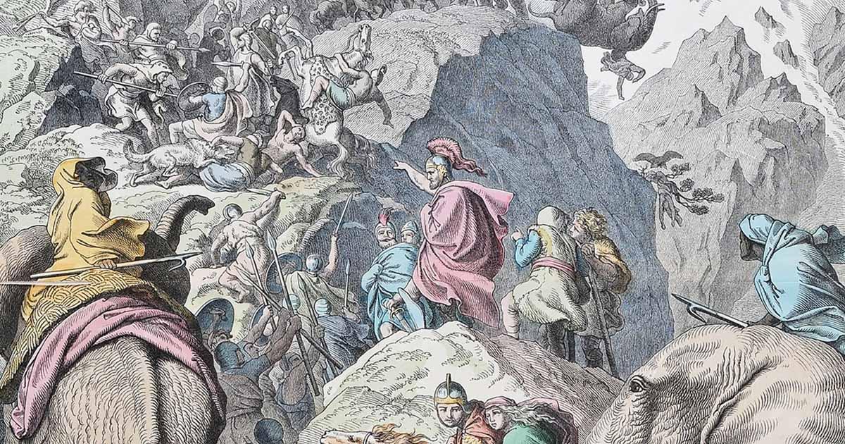 Detail depicting of the famous crossing of the Alps by Hannibal’s elephants. Hannibal's Crossing of the Alps by Heinrich Leutemann. Source: Public domain