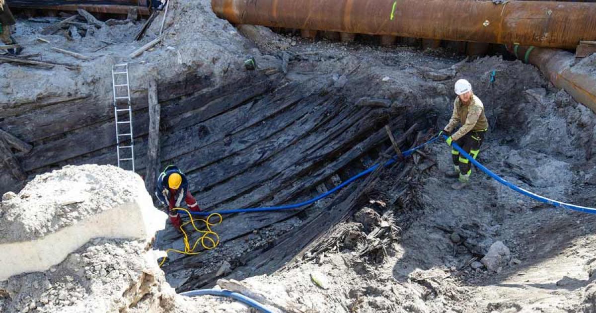 This Hanseatic League ship, which may exceed the Bremen Cog for preservation quality, was miraculously discovered 5 feet (1.5 meters) beneath the streets of Tallinn, Estonia’s capital.	 	Source: Patrik Tamm / ERR