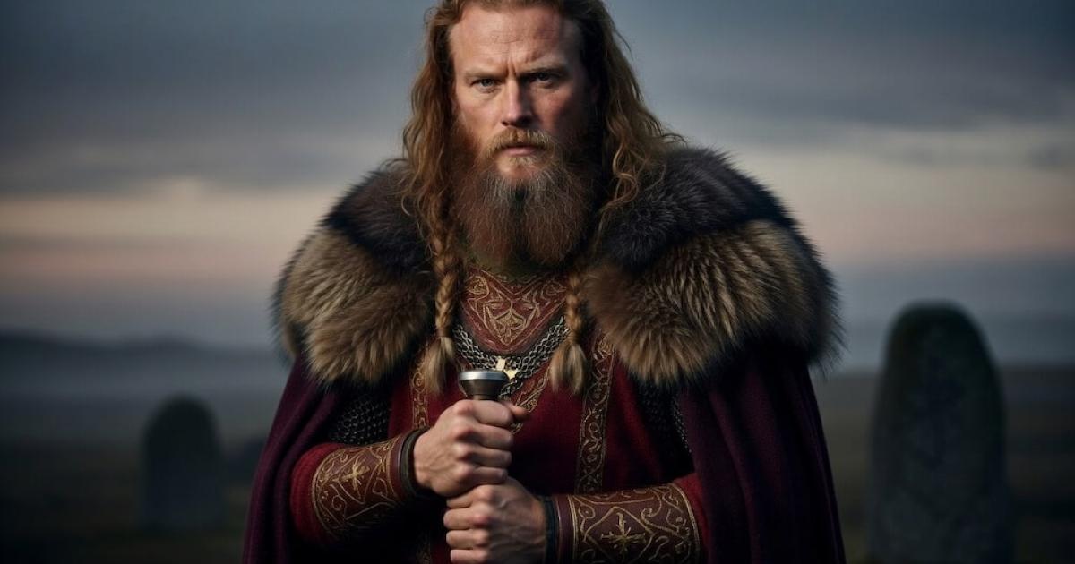 King Harald Bluetooth stands powerfully in the misty twilight, gripping a large Viking sword with both hands, its point resting downward.