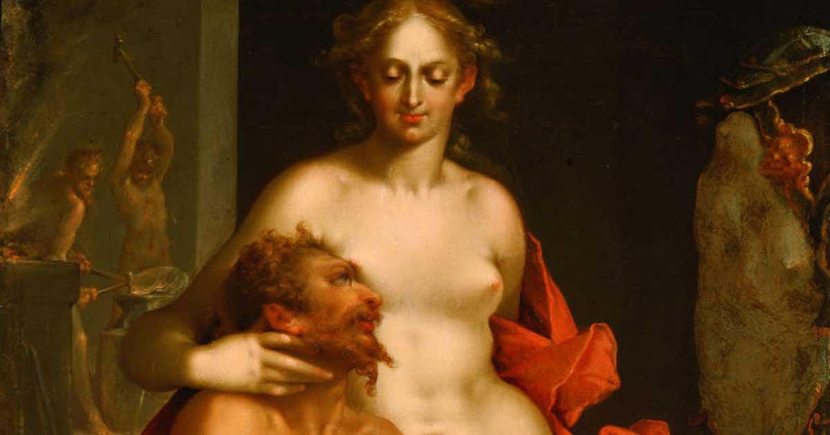 Aphrodite in the forge of the god Hephaestus. 1610 painting by Bartholomeus Spranger entitled “Venus in Vulcan’s Forge.” Source: Public domain