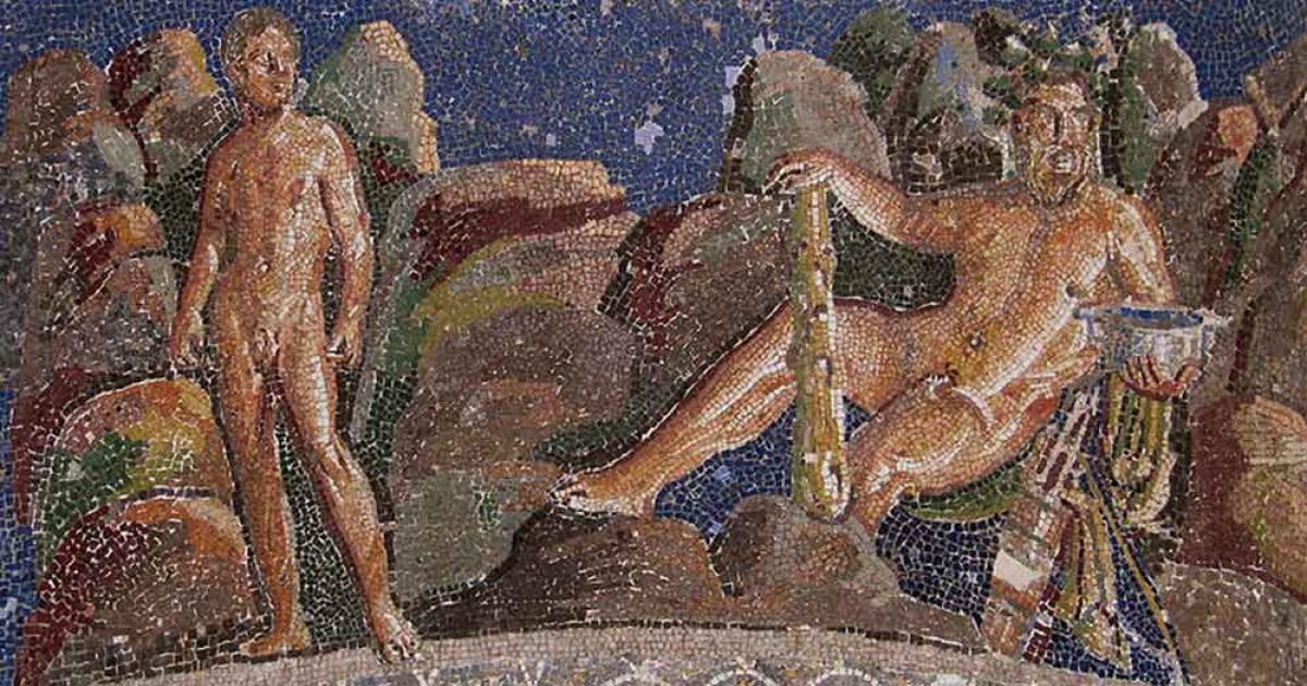 Hercules and Iolaus, Fountain mosaic from the Anzio Nymphaeum, Museo Nazionale Romano, Palazzo Massimo alle Terme, Rome. (Public Domain)