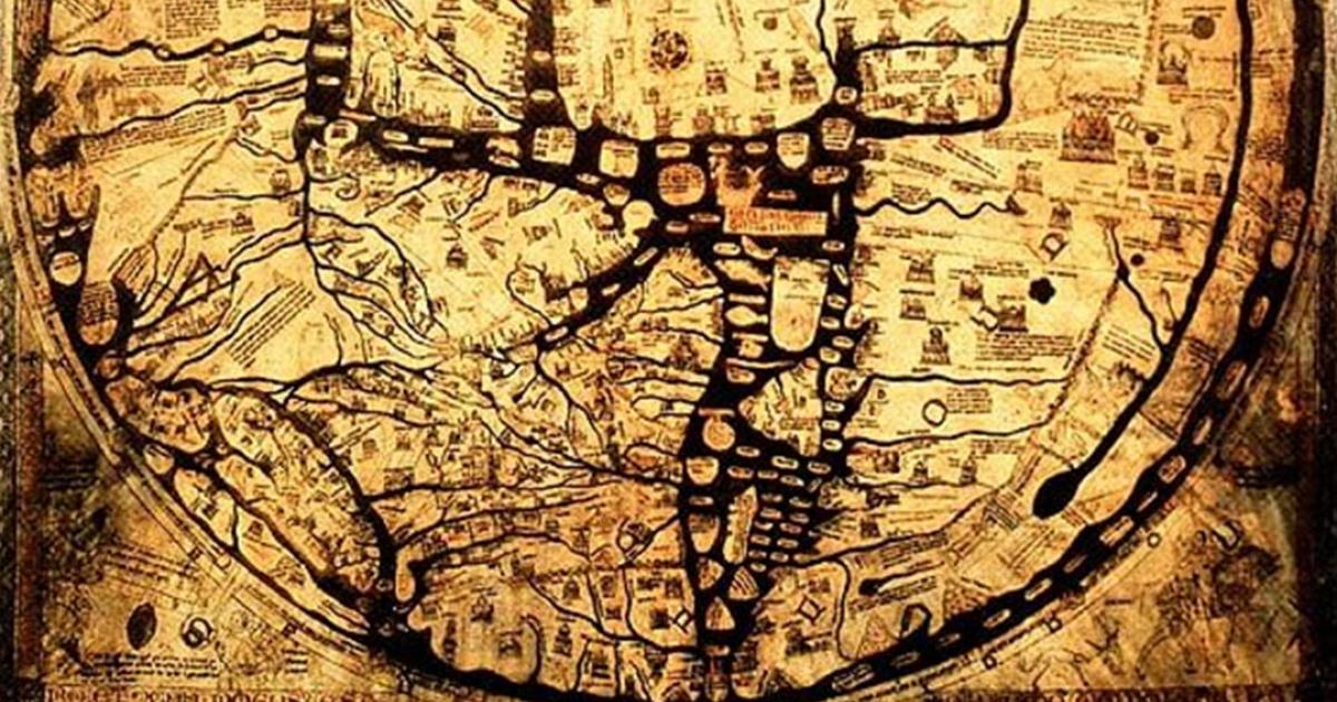 Detail, the medieval Hereford Mappa Mundi, “Cloth of the World” in Hereford, England. Circa 1300.