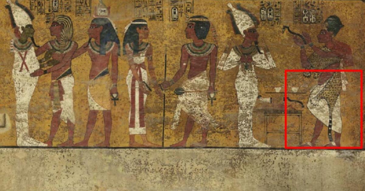 Scans of the north wall of King Tutankhamun's burial chamber have revealed features beneath the intricately decorated plaster (highlighted) a researcher believes may be a hidden door, possibly to the burial chamber of Nefertiti. 