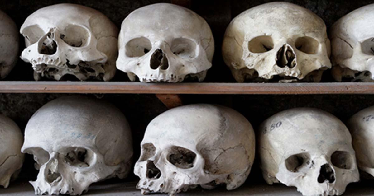 Skulls and bones are piled high at the charnel house Rothwell, Northamptonshire, England. 