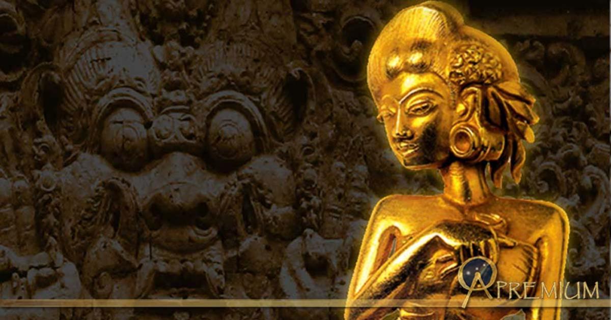 Golden Celestial Nymph of Majapahit (CC BY-SA 3.0), and carved relief of a bulging-eyed figure on a temple in Trowulan, suggested site of the capital city of the Majapahit Empire (CC BY-SA 3.0), Deriv.