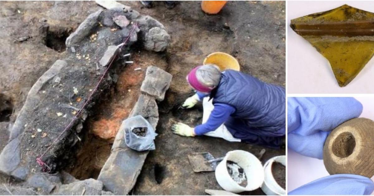 Left: Archaeologists at the Pictish King's Seat Hillfort last year. Right top: A fragment of Anglo-Saxon drinking vessel. Right bottom: A decorated spindle whorl, which was used in textile production.       Source: AOC Archaeology Ltd / Perth and Kinross Heritage Trust