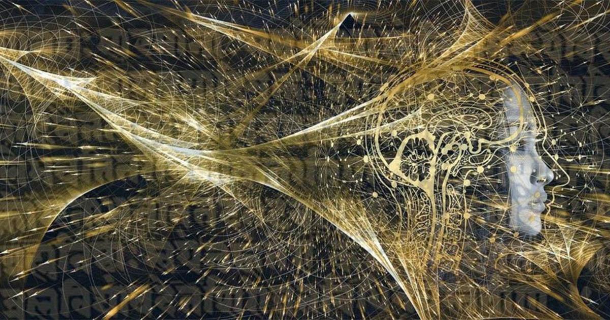 Quantum physics wave particles (pixabay) and writing in the Upanishads, a Hindu text. (Ms Sarah Welch/CC BY SA 4.0)