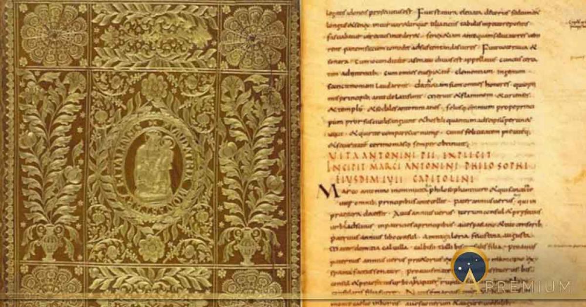 The cover of a 1698 edition of the Historia Augusta from Ettal Abbey, Germany. Right: a page of the earliest manuscript. Source: Public Domain, Public Domain