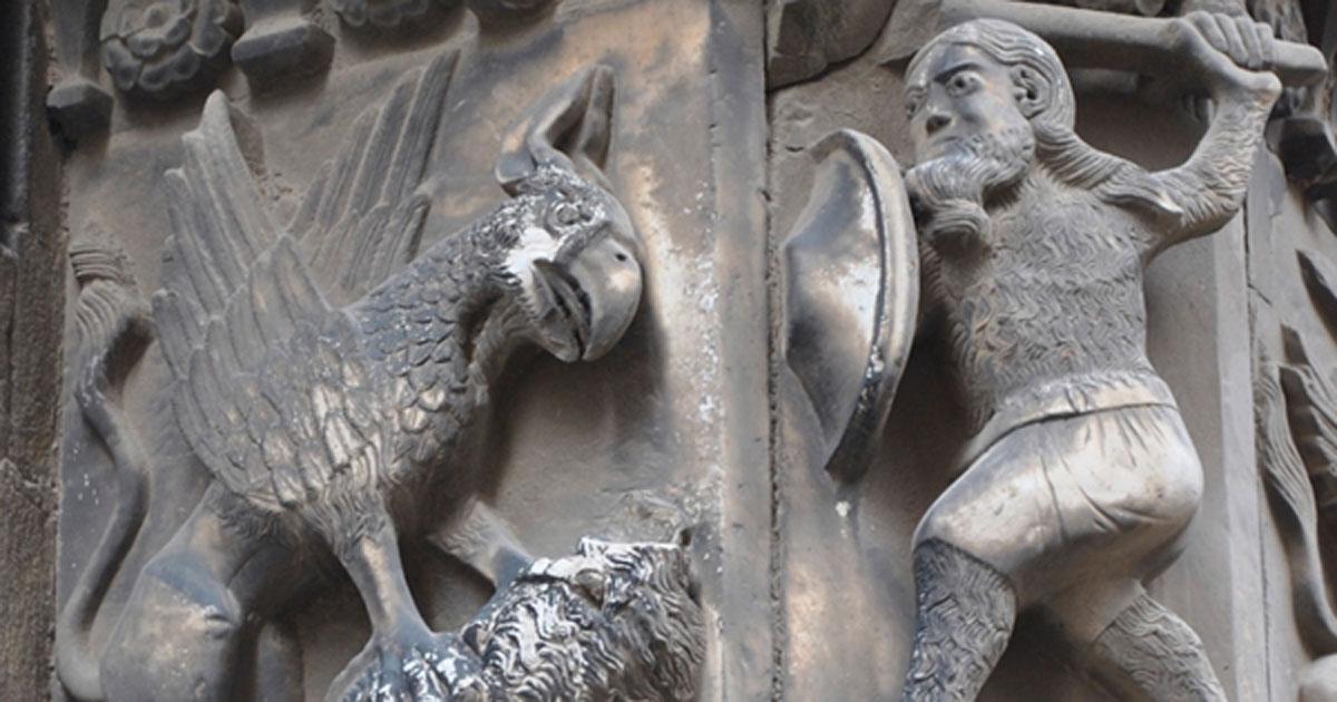 Guifré el Pilós (Wilfred the Hairy), Founder of Catalonia, Slaying a Dragon. Cathedral of Barcelona. Spain.