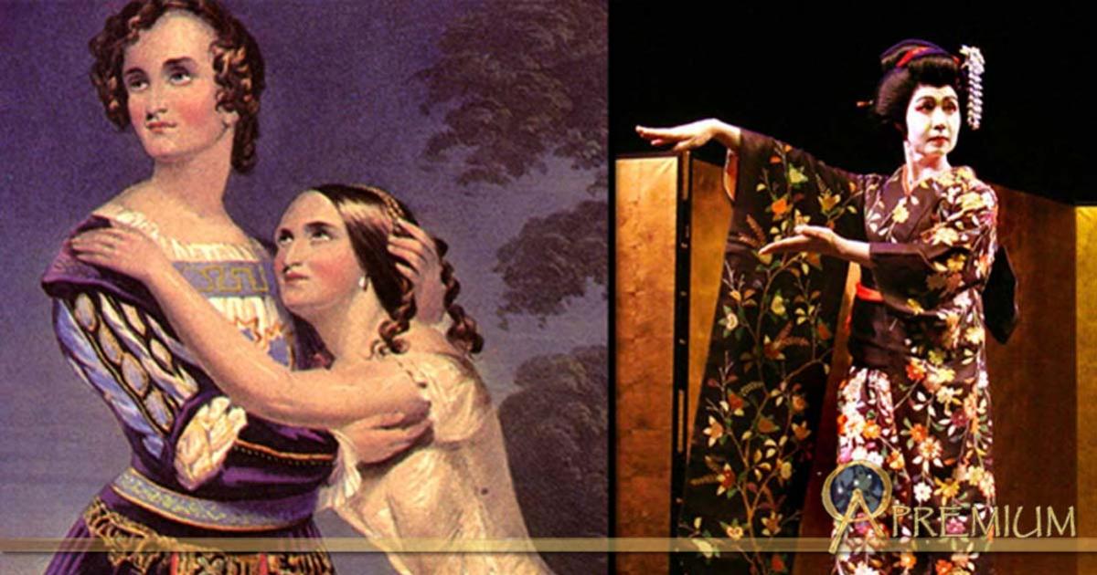 Left, Sisters Charlotte and Susan Cushman in Shakespeare's Romeo and Juliet in 1846. Right, Male Kabuki actor in Japan
