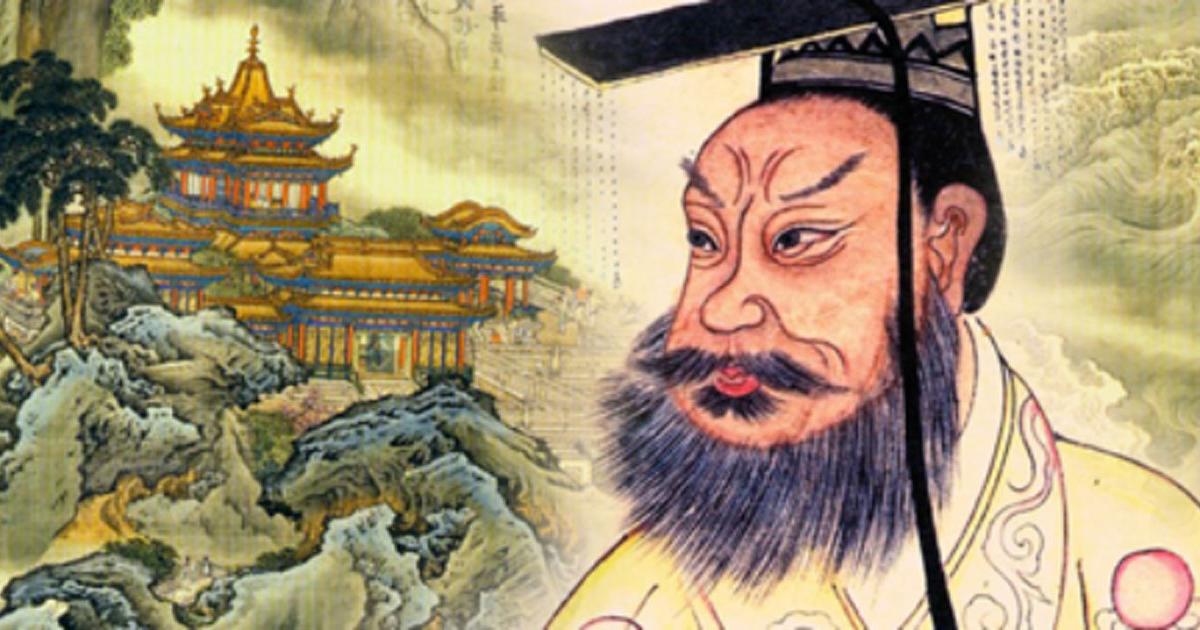 Penglai, depiction of one of the mythical islands (Public Domain), and Qin Shi Huang in a 19th century portrait (Public Domain);Deriv.