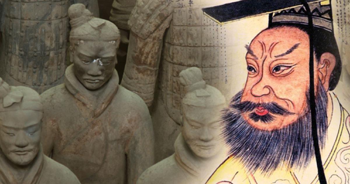 Terra Cotta Soldiers (CC BY 2.0), and Qin Shi Huang in a 19th century portrait (Public Domain);Deriv.