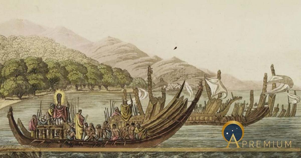 Tahitian warrior dugouts, by Giulio Ferrario. (1827) (Public Domain)