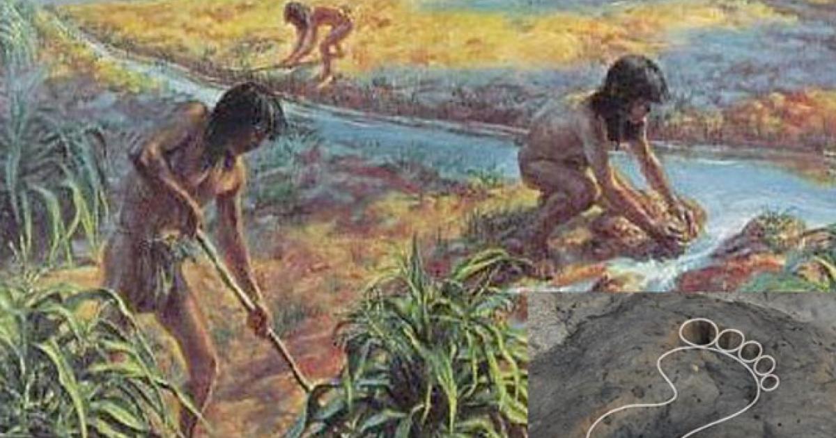 Hohokam people working in gardens with irrigation canals. Outline showing one of the footprints found at the site in Tucson, Arizona. 