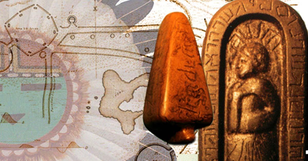 The Decalogue, The Keystone, and a 19th century plan of the Newark Earthworks, and Tawa, the sun spirit and creator in Hopi mythology.