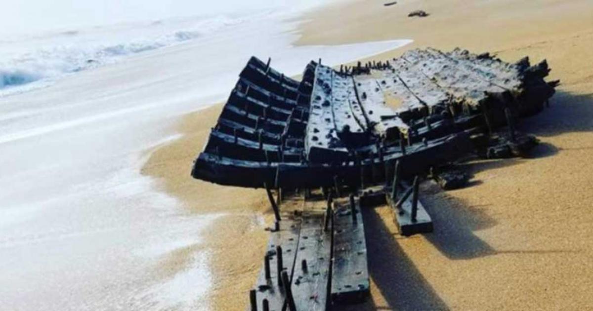 The well-preserved remains of a shipwreck on a Florida beach. 