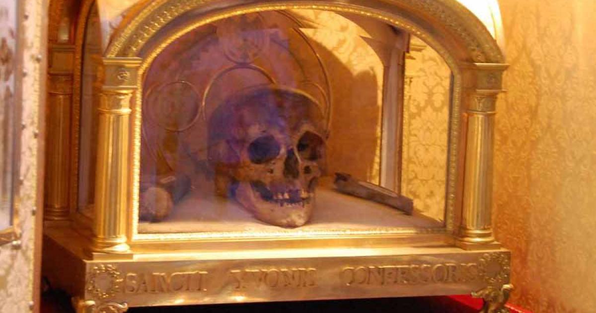 The holy relics and reliquary of Saint Ivo of Kermartin (St. Yves or St. Ives; 1253–1303 AD) in Tréguier, Brittany, France.