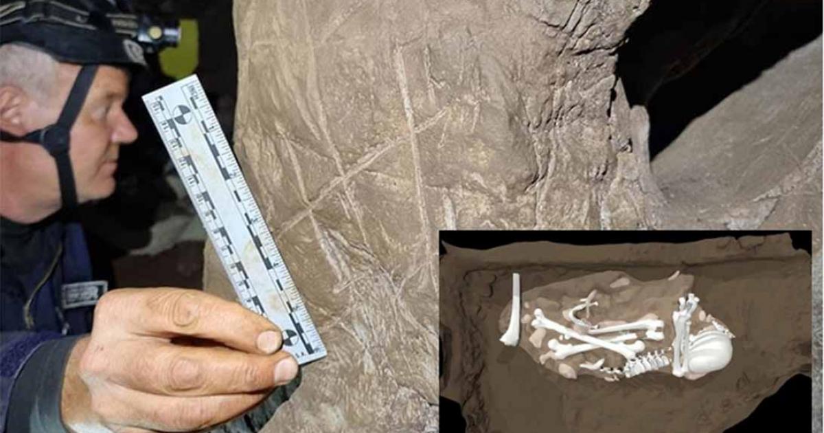 Dr Lee Berger with hashtag carving in Rising Star cave system. Insert; Possible Homo naledi burial pit. 	Source: © Berger et al., 2023