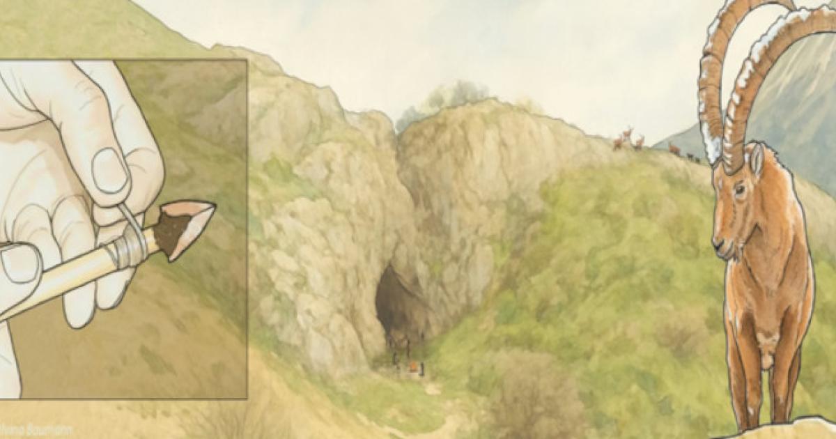 Artistic representation of Obi-Rakhmat rock shelter in Uzbekistan, micro-point hafting and main game hunted around the site 80,000 years ago