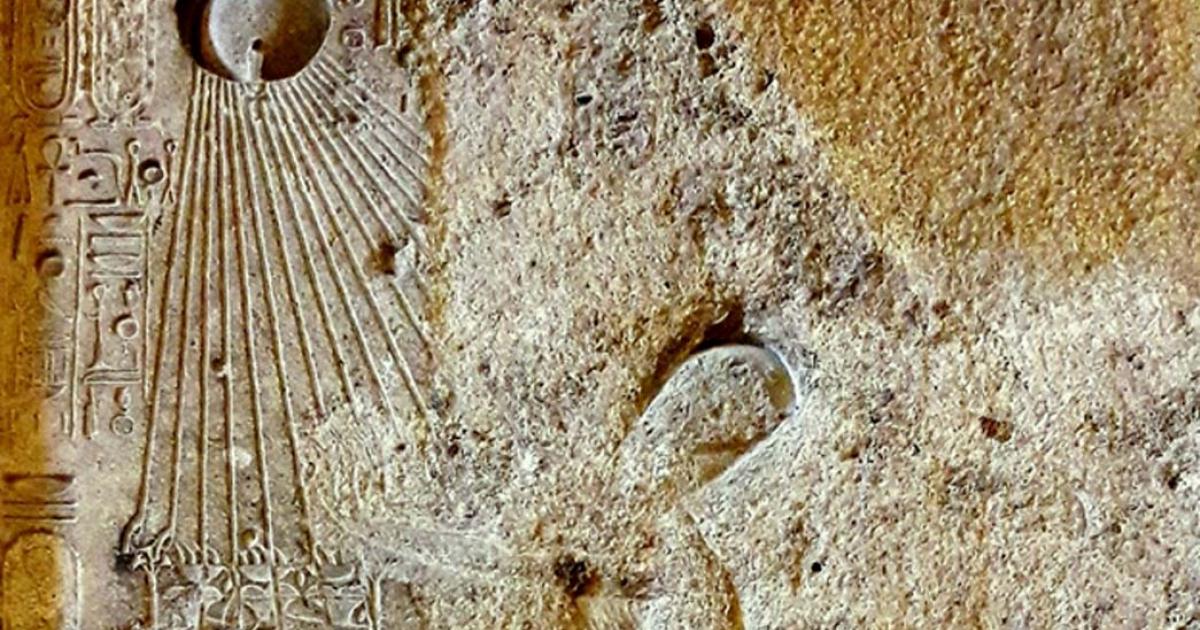 A stele from Heliopolis shows Akhenaten worshipping the Aten; design by Anand Balaji 