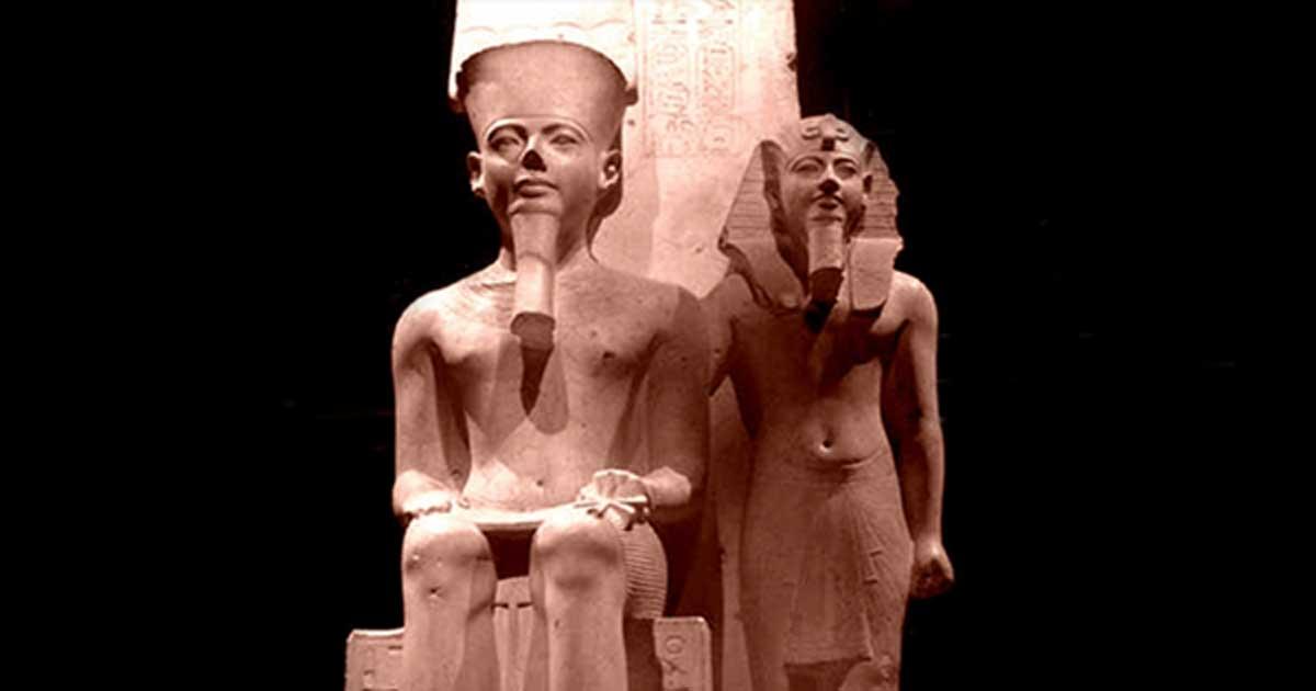 A limestone sculpture from the Temple of Amun in Thebes depicts Horemheb standing beside the state god; design by Anand Balaji 