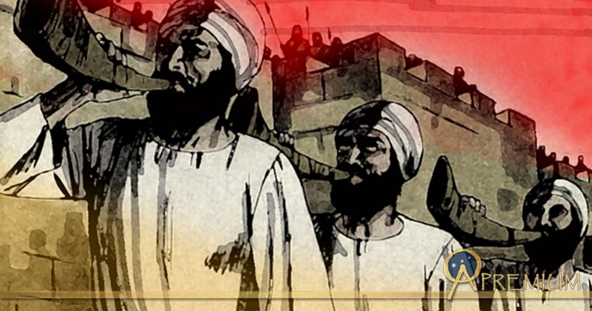 Joshua’s armies use horns of war in siege against Jericho. 