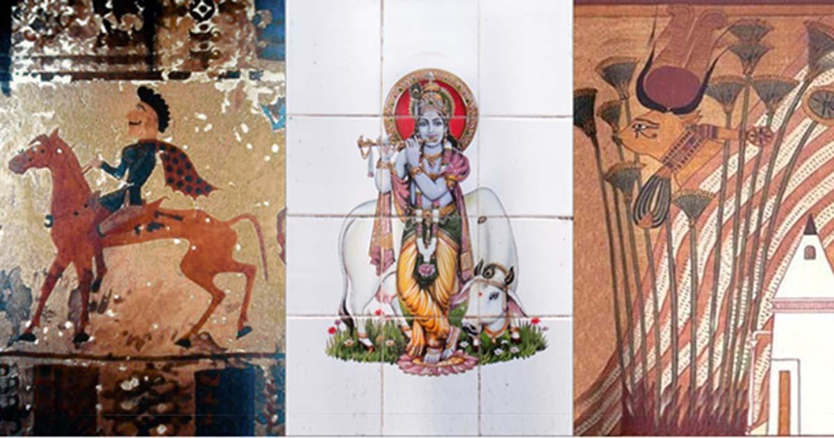 A Pazyryk horseman from the Asian steppe in a felt painting from a burial around 300 BC. (Public Domain). Krishna with cow. (CC BY 2.0) Hathor as a cow, Papyrus of Ani (Public Domain)