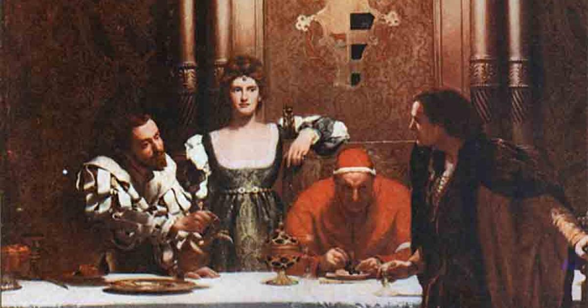 The House of Borgia is depicted here as “A glass of wine with Cesare Borgia,” a painting that clearly shows the wealth and power (church power) of this illustrious and infamous family.
