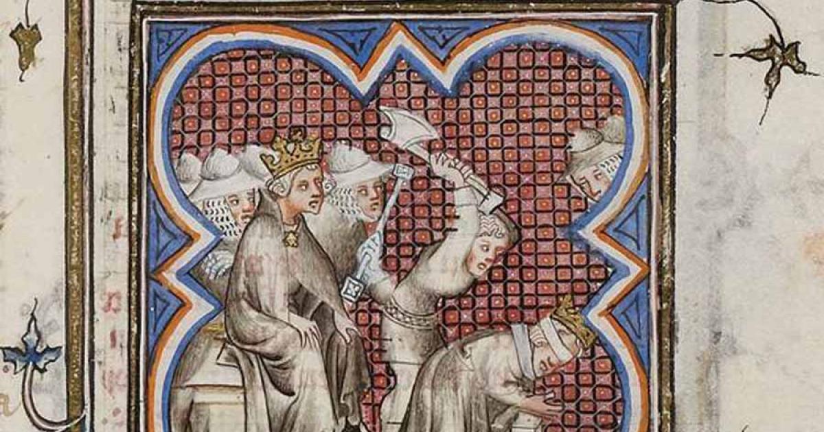 Henry supervising the beheading of his rival Peter, thus firmly establishing the House of Trastámara that was a blend of the powerful kingdoms of Castile and Aragon, who eventually overthrew the Muslims in Granada. A manuscript page from the Grandes Chroniques de France. Source: Public domain