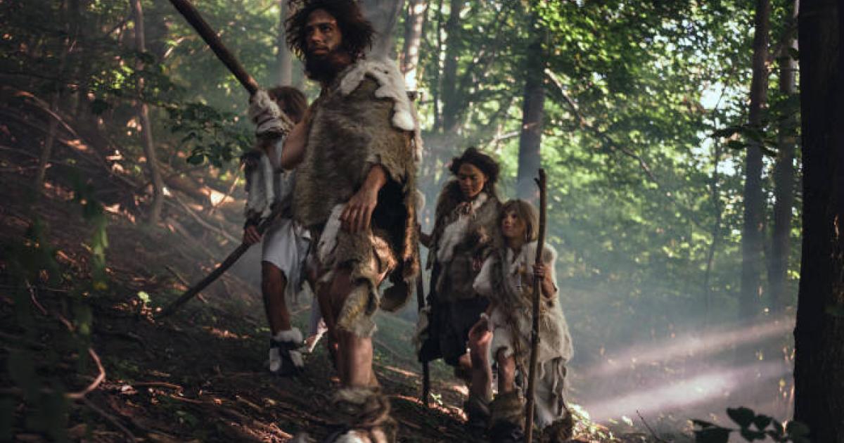 Top image: Tribe of Hunter-Gatherers Wearing Animal Skin Holding Stone Tipped Tools, Explore Prehistoric Forest in a Hunt for Animal Prey.
