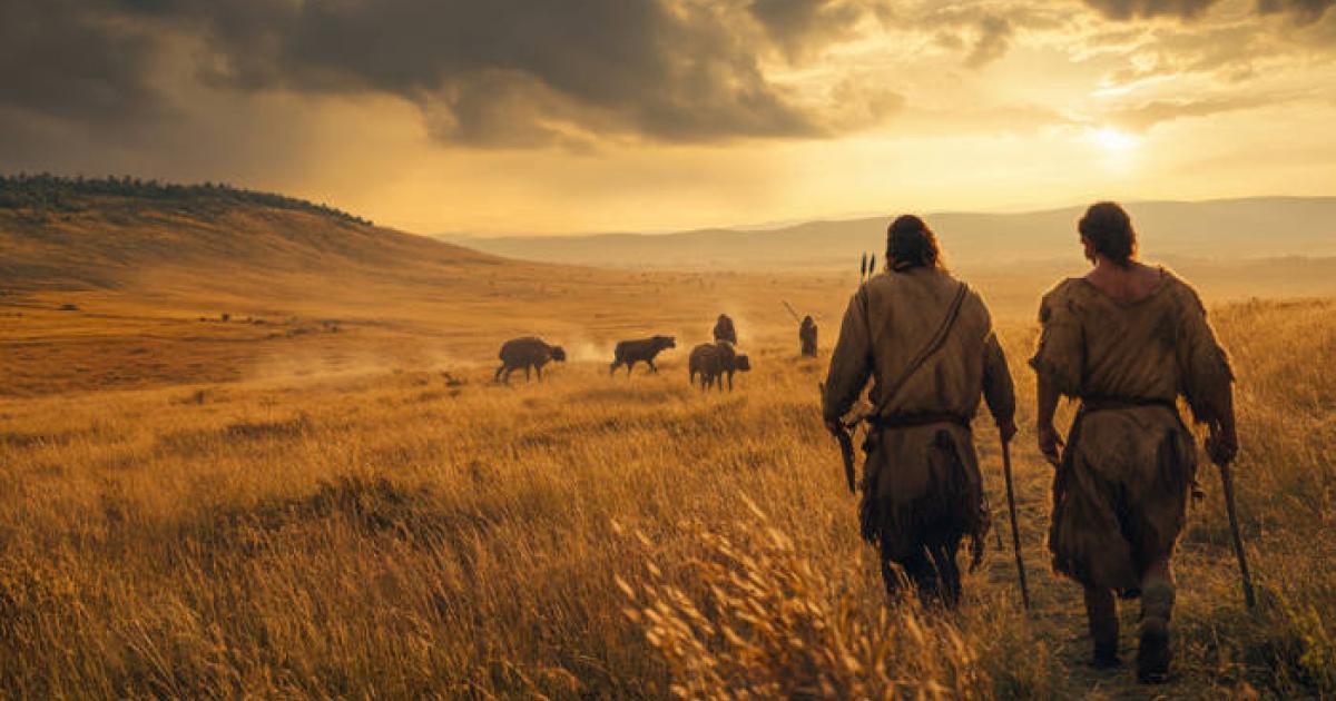 Prehistoric Hunters Sunset Journey Bison Grassland Ancient Spears. (AI generated)