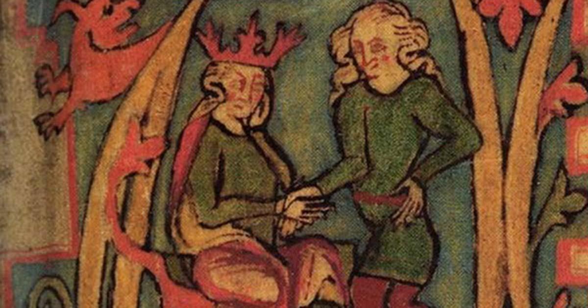King Haraldr hárfagri receives the kingdom out of his father's hands. From the 14th century Icelandic manuscript Flateyjarbók.