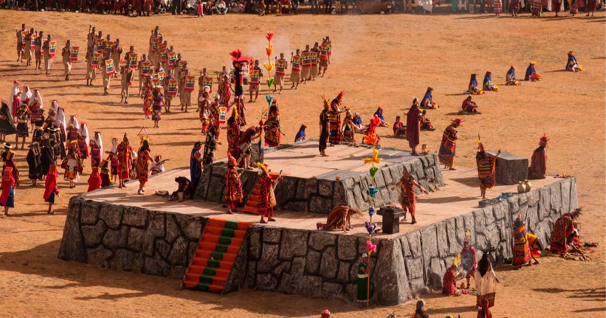 Dance platform at a modern but traditional Inti Raymi celebration. Early Andeans created a dance floor to imitate the sound of thunder when danced on. Source: Youenn JACQUIN/Adobe Stock