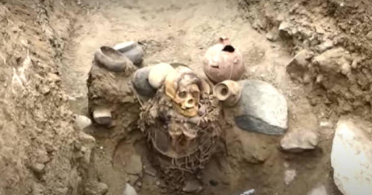 Inca mummy in situ at the site in Lima, Peru