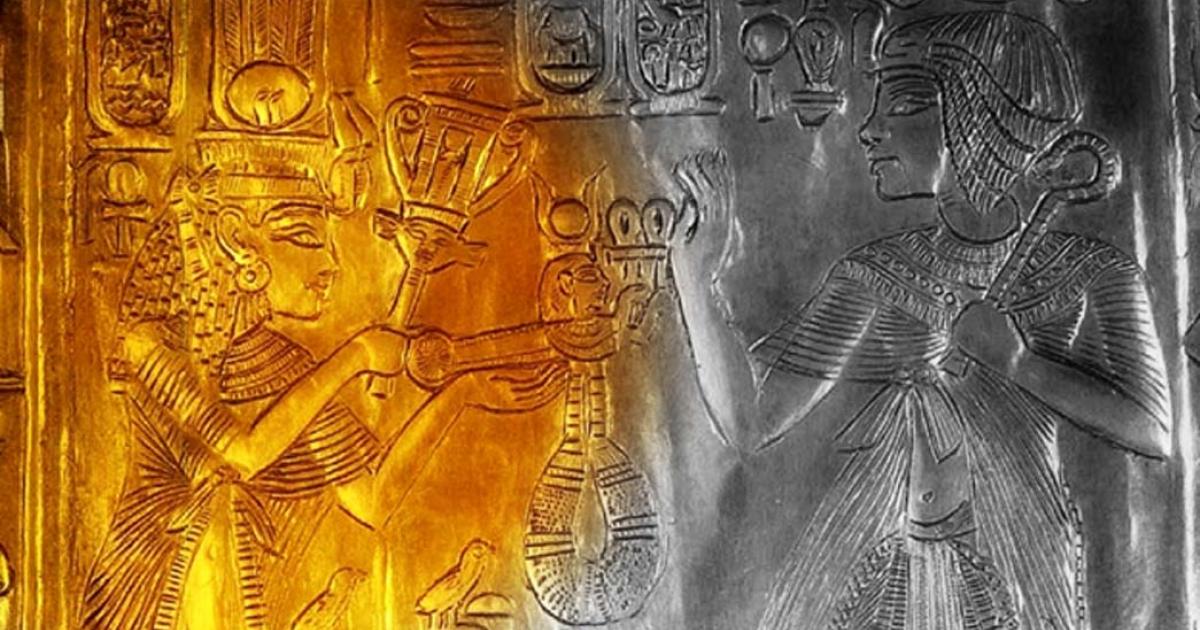 Detail from a replica of the small golden shrine found in KV62 that shows Ankhesenamun and Tutankhamun; design by Anand Balaji