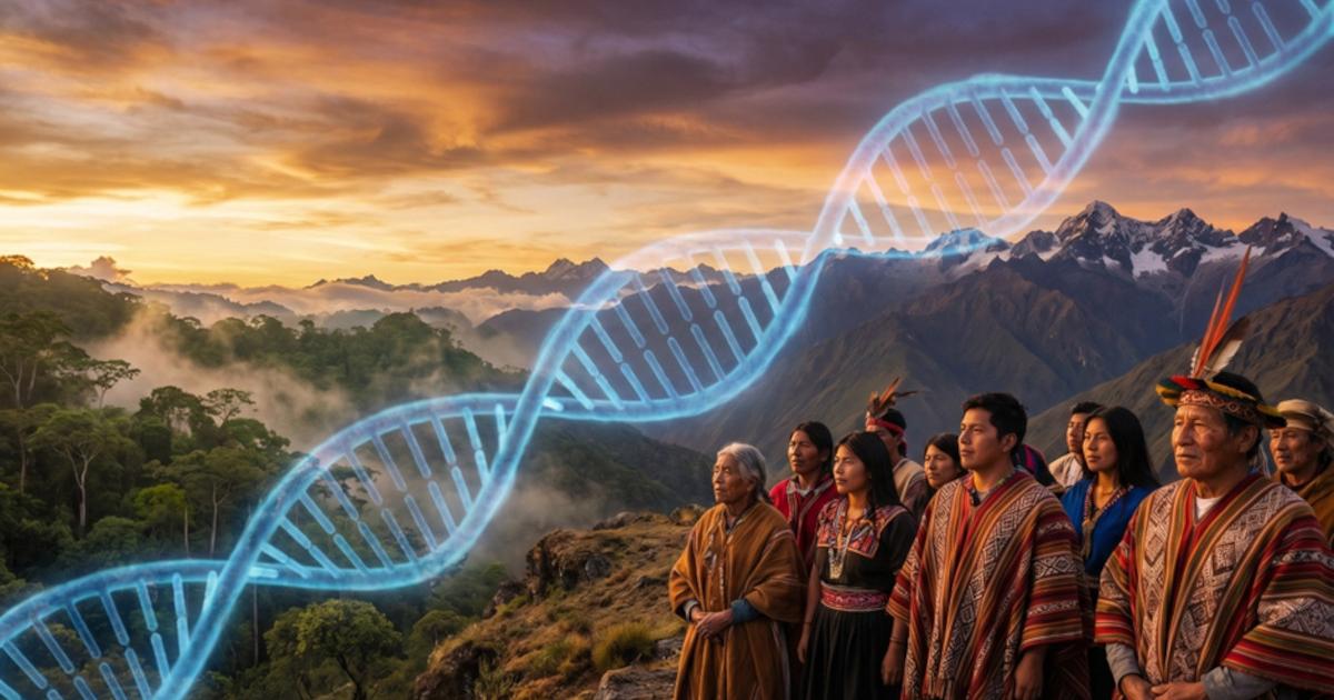 Representation of Indigenous Americans with DNA helix.