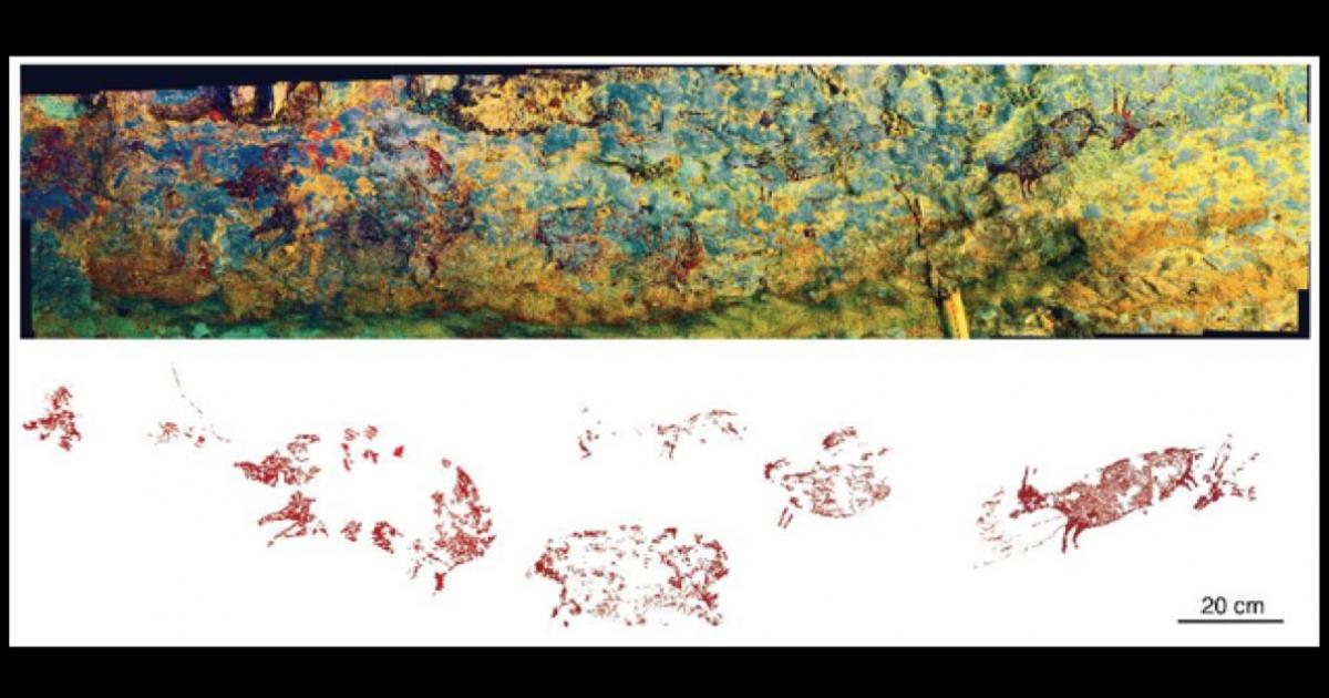 The Indonesian cave art hunting scene panorama. Source: Credit: Adam Brumm, Agus Oktaviana