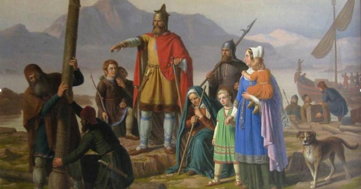 Ingólfr Arnarson, the first settler of Iceland, newly arrived in Reykjavík