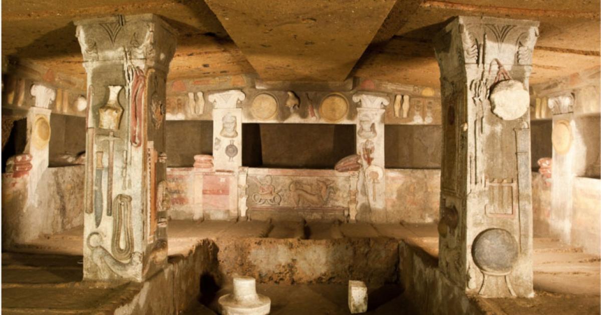 Interior of Etruscan Tomb of the Reliefs, Cerveteri, Italy