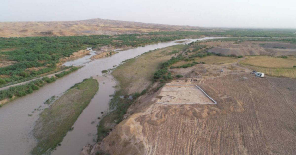 Aerial view of excavation spot at Shakhi Kora where bevelled clay bows and pillared structures were found. 