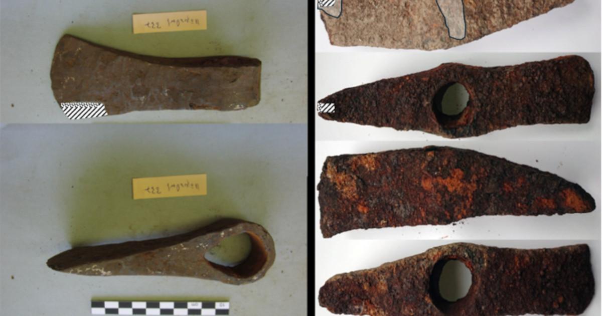 Iron Age iron axes from Kazakhstan (A) and northern Germany (B) examined through radiocarbon dating and metallographic analysis.