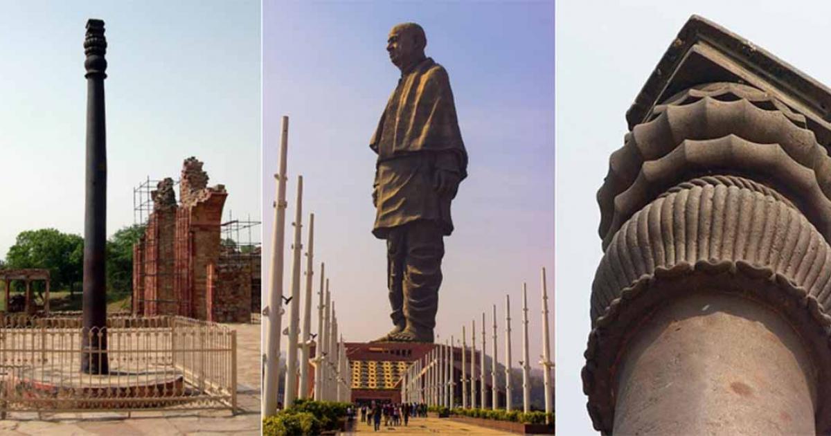 Left to Right: 1. The iron pillar in the Qutb complex near Delhi, India. 2. The Statue of Unity, Gujarat, India, is the world's tallest iron statue with a height of 182 meters (597 ft). 3. Close up of the top of the Qutb Iron Pillar.          Sources: 1. Public Domain 2. CC BY-SA 4.0 3. CC BY-SA 2.0