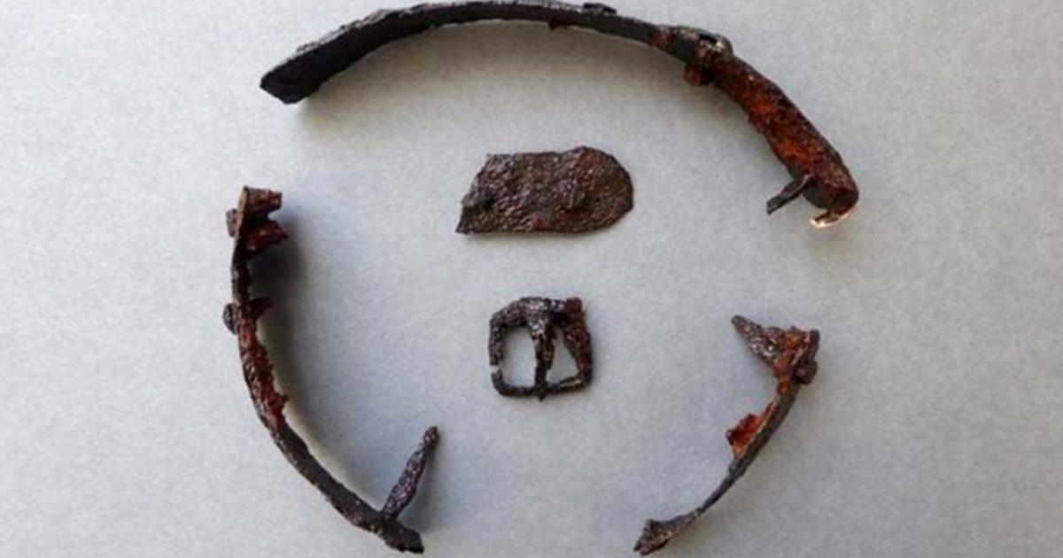 A buckle and part of a strap were found with the metal pieces. Credit: Border Archaeology