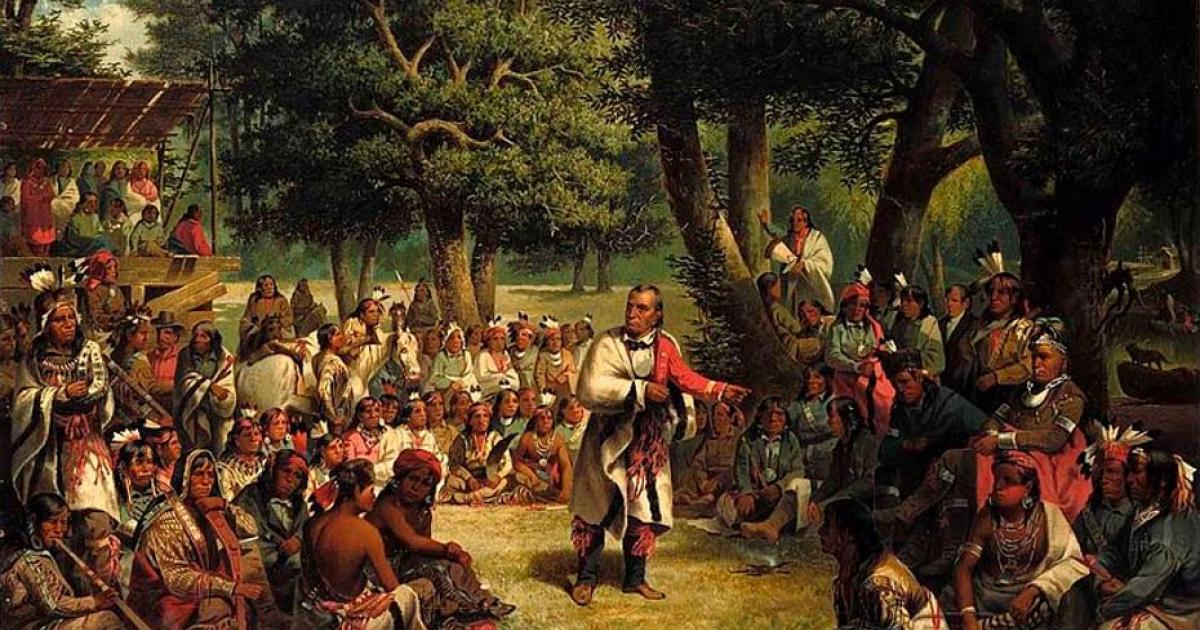 Famous Seneca chief of the Iroquois league, Red Jacket, political negotiator and critic of European religion, speaking to crowd 