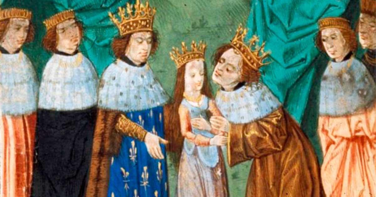 Detail from miniature depicting Richard II, King of England from 1377 to 1399, receiving his child bride Isabella of Valois from her father Charles VI, the King of France. Source: Public domain