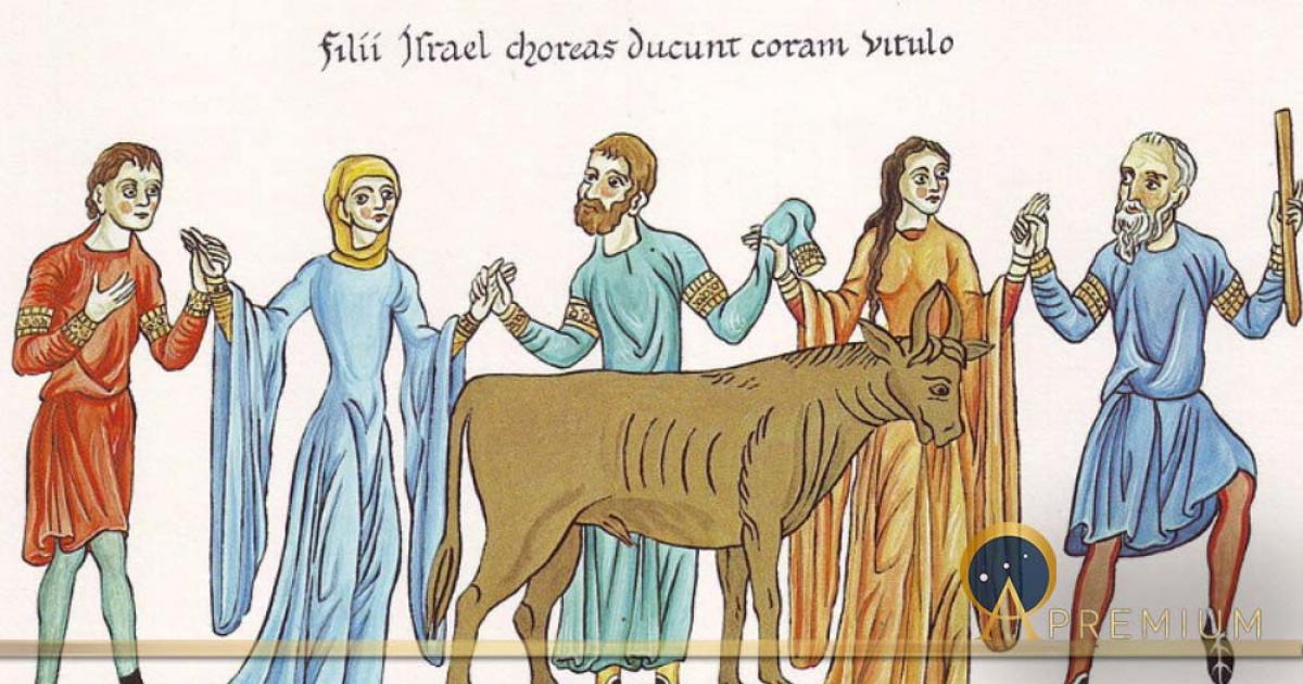 The Adoration of the Golden Calf – Picture from the Hortus deliciarum of Herrad of Landsberg (12th century) (Public Domain)