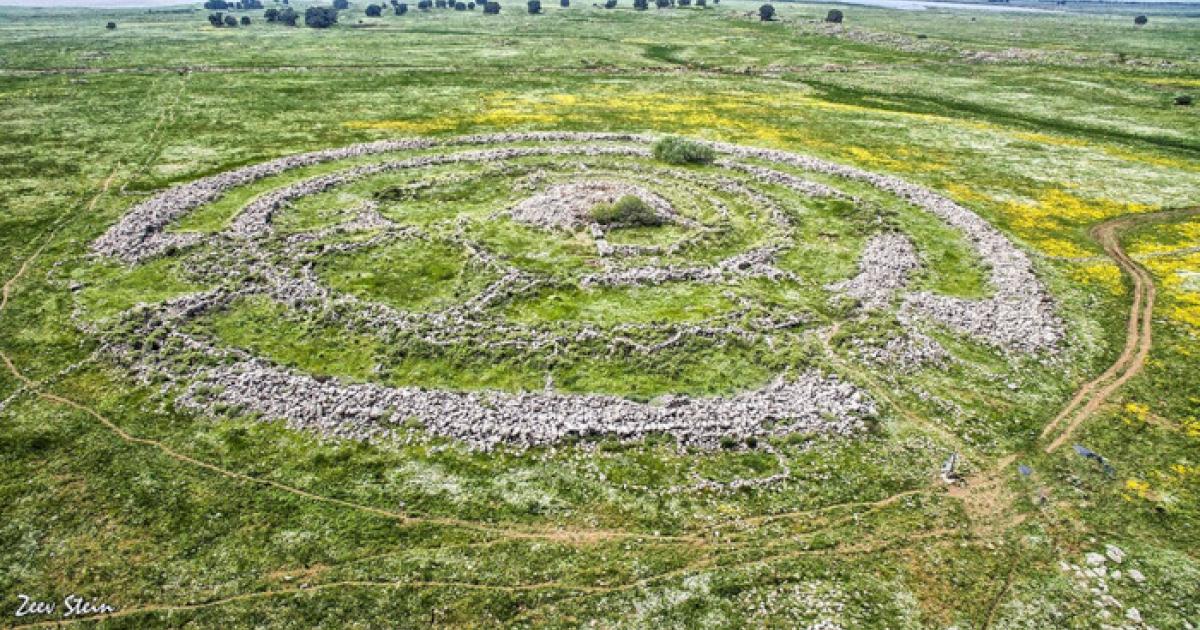 Aerial view of the ancient Rujm el-Hiri megalithic monument in the Golan Heights