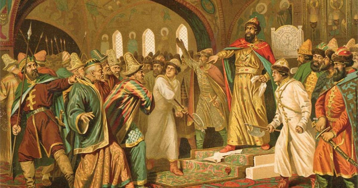 Ivan the Great tearing the khan's letter to pieces.      Source: Aleksey D. Kivshenko / Public domain
