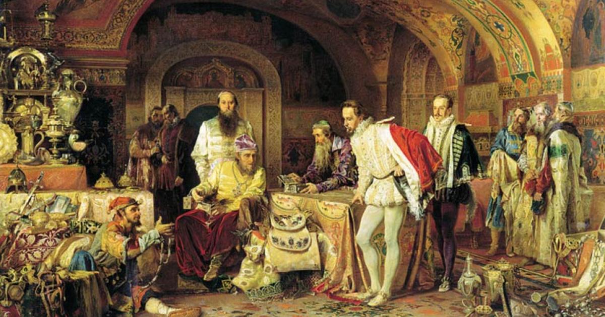 Ivan IV of Russia ("Ivan the Terrible") demonstrates his treasures to the ambassador of Queen Elizabeth I of England