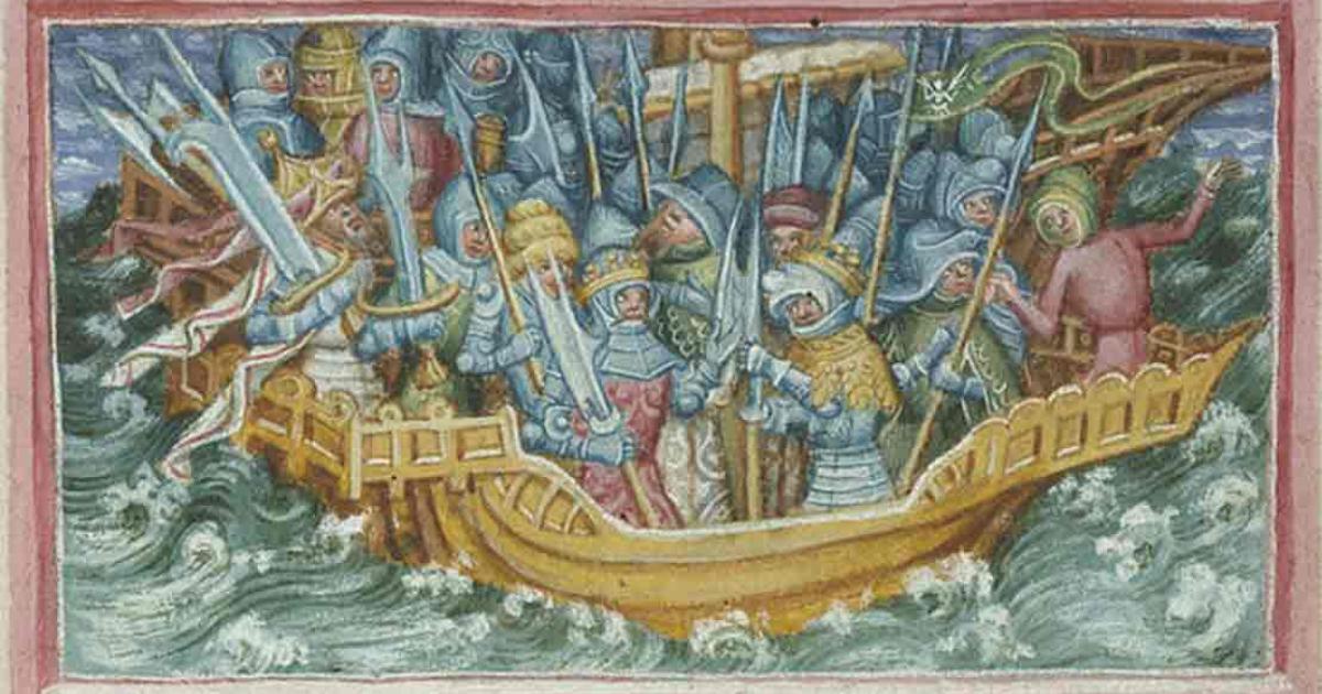 A depiction of Ivar and Ubba setting forth to avenge their father, Loðbrók, as it appears on folio 47v of British Library Harley 2278. Source: Public Domain
